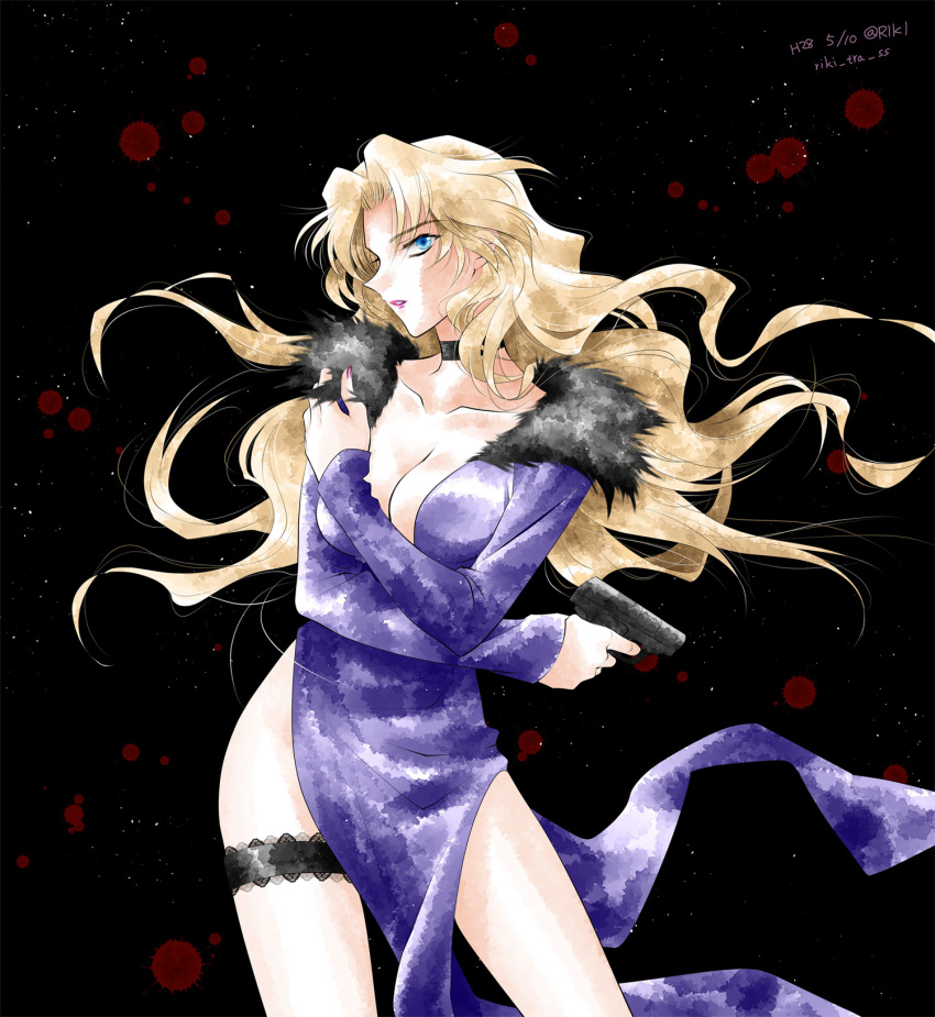 artist_name, black_background, blonde_hair, blood, blood_splatter, blue_eyes, blue_hair, breasts