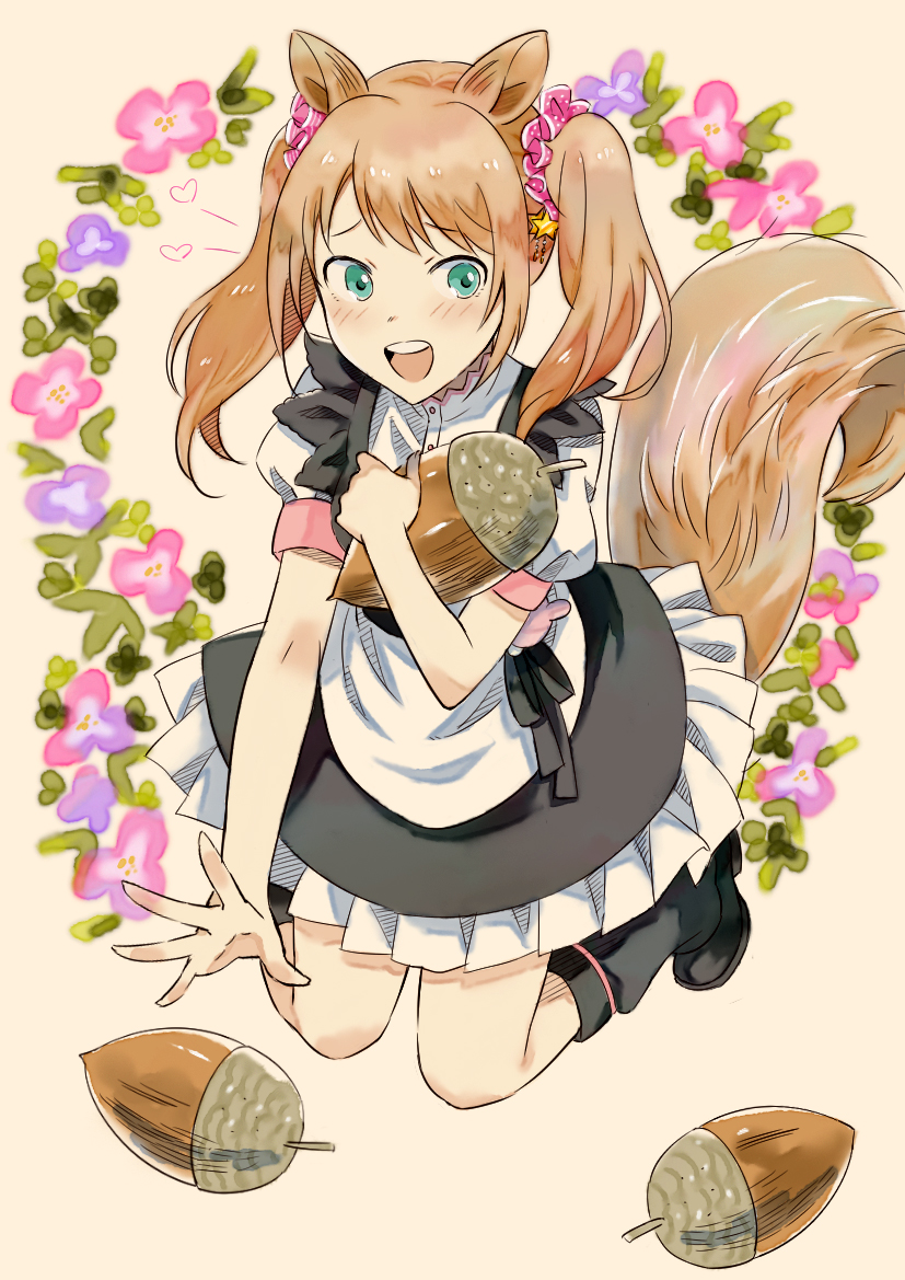 1boy, acorn, animal_ears, blush, brown_hair, crossdressinging, dress, green_eyes, idolmaster, idolmaster_side-m, long_hair, male_focus, miki_(binzumekurage), mizushima_saki, open_mouth, otoko_no_ko, smile, solo, squirrel_ears, squirrel_tail, tail, twintails