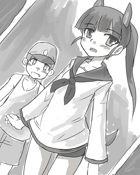 1boy, 1girl, animal_ears, bandaid, bandaid_on_nose, bangs, blunt_bangs, blush, dutch_angle, greyscale, hat, higezamurai_(kurage_gunsou), hijikata_keisuke, monochrome, open_mouth, photo_(object), ponytail, sakamoto_mio, school_uniform, serafuku, strike_witches, swimsuit, swimsuit_under_clothes, tank_top, younger