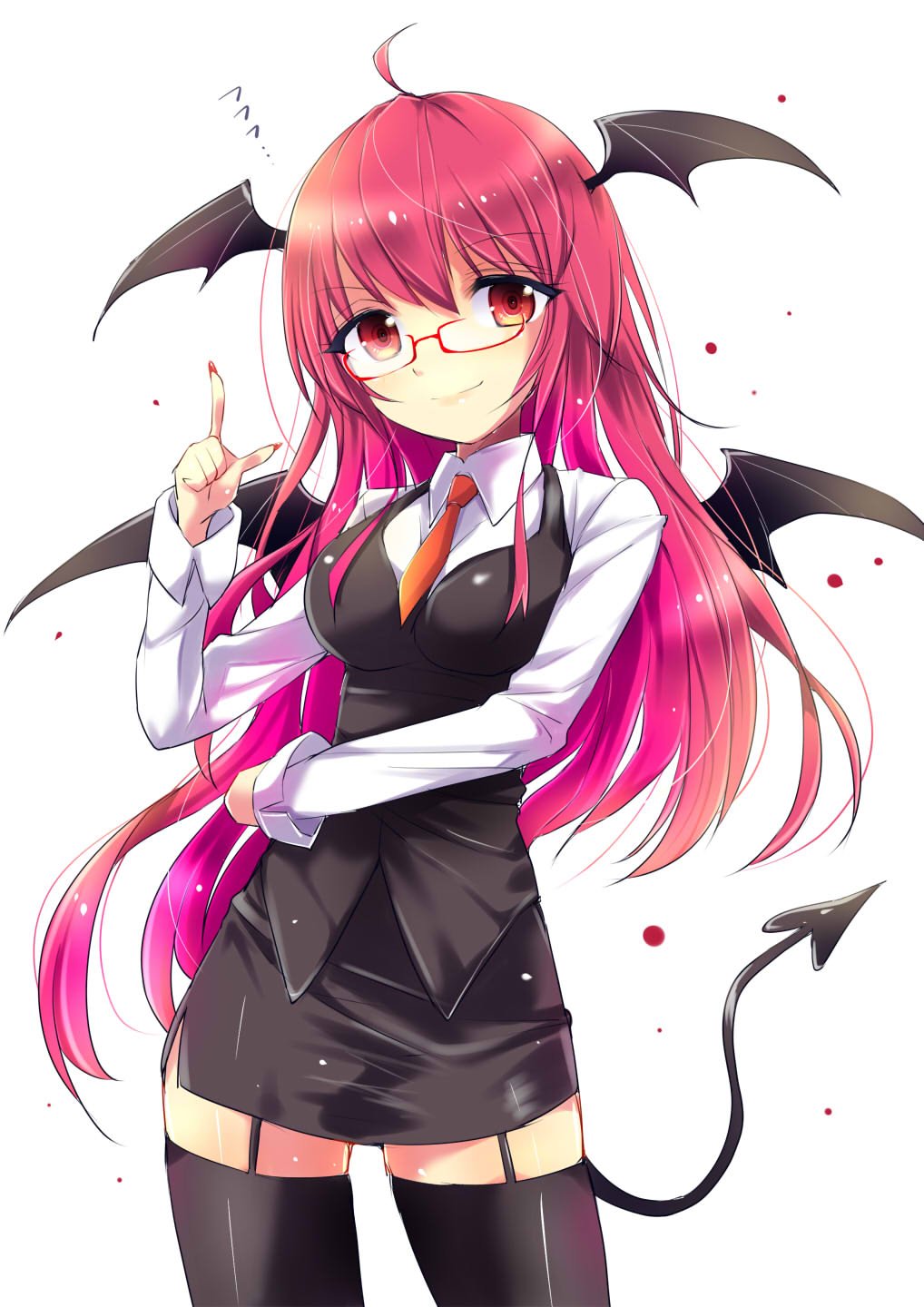 1girl, bat_wings, bespectacled, contrapposto, cowboy_shot, demon_tail, demon_wings, dress_shirt, fingernails, glasses, head_wings, highres, index_finger_raised, koakuma, looking_at_viewer, miniskirt, nail_polish, necktie, red_eyes, red_necktie, redhead, shirt, skirt, skirt_set, smile, solo, tail, thigh-highs, touhou, uta_(kuroneko), vest, wings