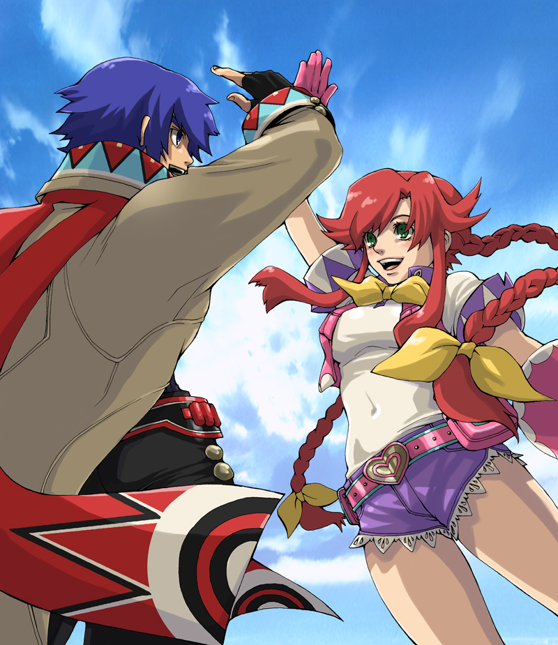 1girl, bad_id, belt, blue_background, blue_hair, braid, cloud, clouds