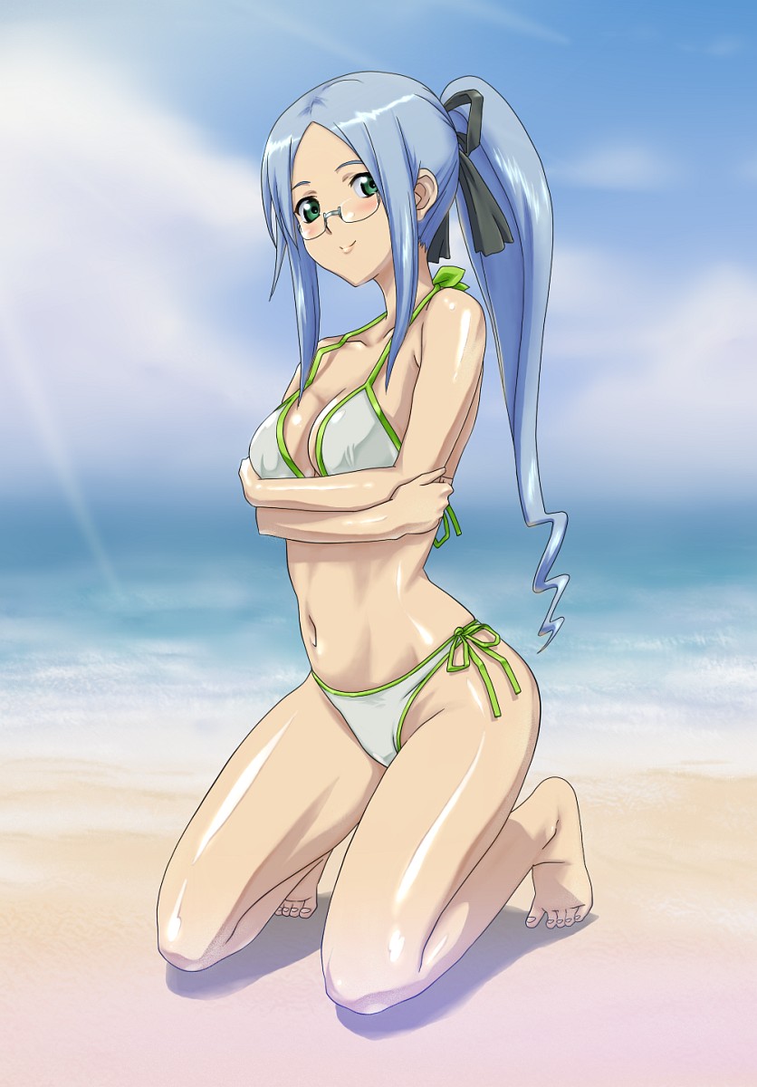 barefoot, beach, bikini, blue_hair, glasses, green_eyes, highres, kneeling