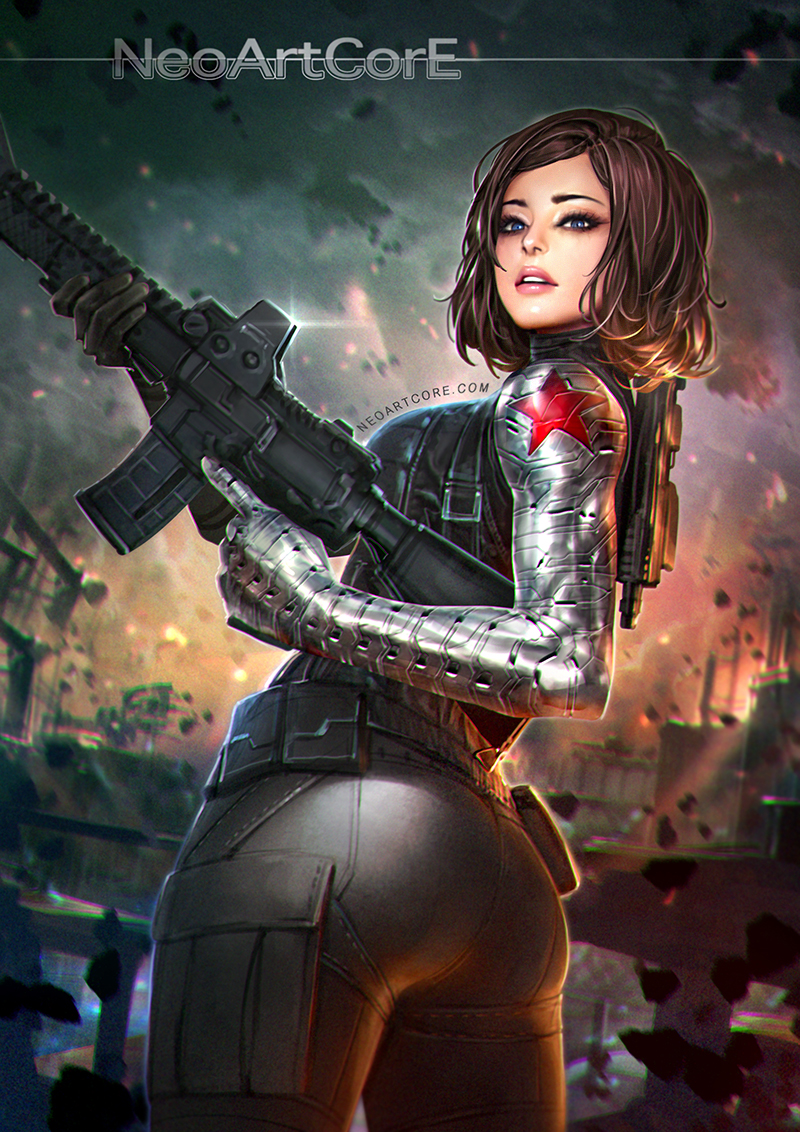 1girl, artist_name, ass, black_hair, blue_eyes, captain_america_the_winter_soldier, genderswap, genderswap_(mtf), gun, lips, marvel, nudtawut_thongmai, rifle, short_hair, solo, thighs, weapon, winter_soldier