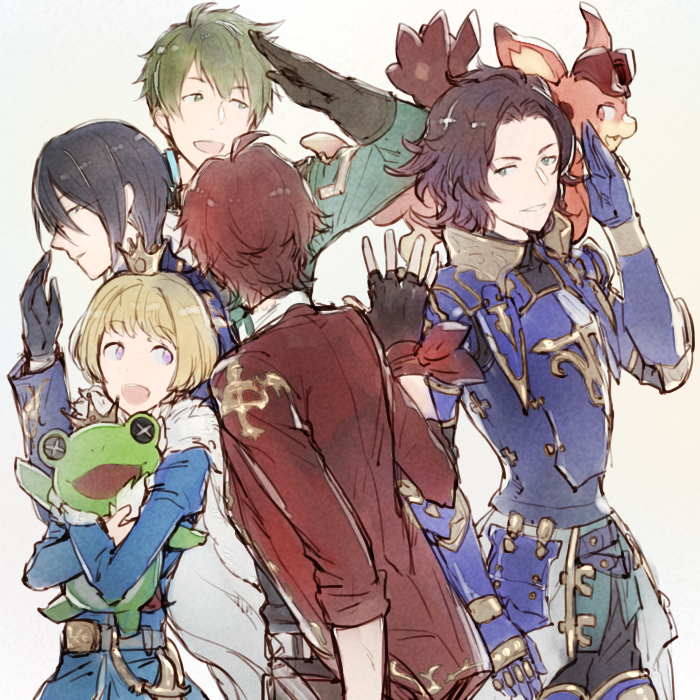 5boys, bii_(granblue_fantasy), blonde_hair, blue_hair, brown_hair, crown, dragon, dramatic_stars, earrings, egawa_satsuki, granblue_fantasy, green_eyes, green_hair, grey_background, idolmaster, idolmaster_side-m, jewelry, kaeru_(idolmaster), kashiwagi_tsubasa, lancelot_(granblue_fantasy), looking_at_another, male_focus, mini_crown, multiple_boys, pierre_(idolmaster), redhead, sakuraba_kaoru, salute, stuffed_animal, stuffed_frog, stuffed_toy, tendou_teru, upper_body, violet_eyes, waving
