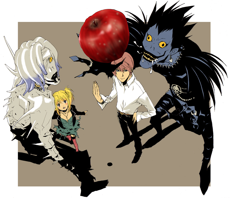 apple, bad_id, belt, blazer, blonde_hair, brown_hair, coco-nattou, coco_(nattou), death_note, dress, dress_shirt, fishnet_legwear, fishnet_stockings, fishnets, food, fruit, looking_up, rem, ryuk, saliva, shinigami, shirt, skull, thigh-highs, thighhighs, torn_clothes, yagami_light
