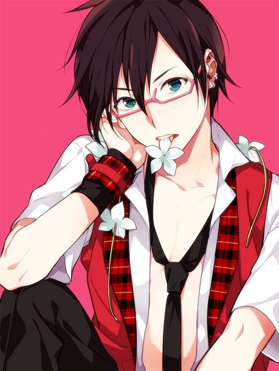 1boy, black_hair, blue_eyes, flower, idolmaster, idolmaster_side-m, iseya_shiki, looking_at_viewer