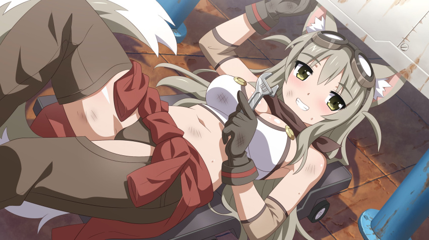 1girl, adjustable_wrench, animal_ears, bangs, blush, breasts, cleavage, clothes_around_waist, elbow_pads, fox_ears, fox_tail, gloves, goggles, goggles_on_head, grey_hair, hair_flaps, halter_top, halterneck, highres, large_breasts, lily_the_mechanic, long_hair, looking_at_viewer, mechanic, midriff, scarf, smile, solo, tail, wanaca, wrench, yellow_eyes