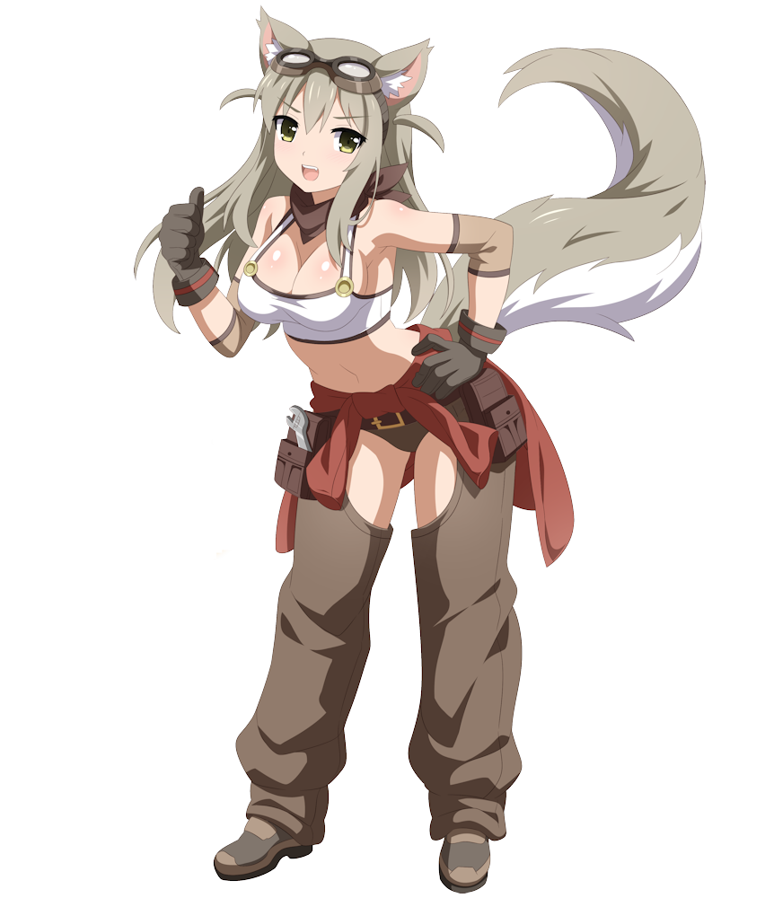 1girl, adjustable_wrench, animal_ears, bangs, bare_shoulders, blush, breasts, cleavage, clothes_around_waist, elbow_pads, fox_ears, fox_tail, gloves, goggles, goggles_on_head, grey_hair, hair_flaps, halter_top, halterneck, hand_on_hip, large_breasts, lily_the_mechanic, long_hair, looking_at_viewer, mechanic, midriff, scarf, smile, solo, tail, thumbs_up, tool_belt, wanaca, wrench, yellow_eyes