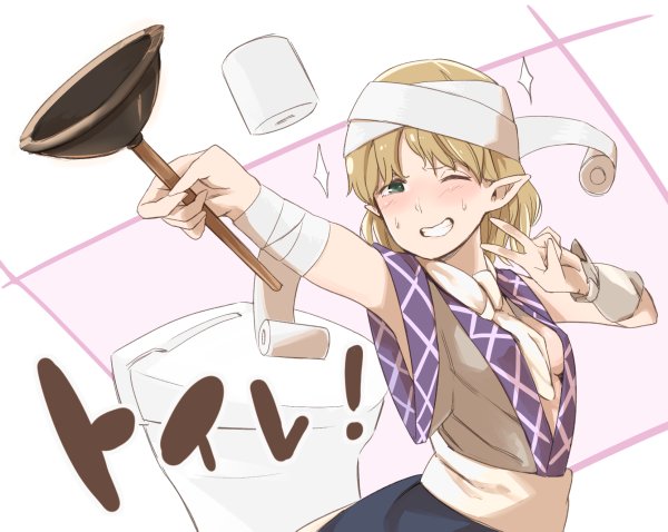 1girl, arm_warmers, blonde_hair, blush, green_eyes, grin, looking_at_viewer, mizuhashi_parsee