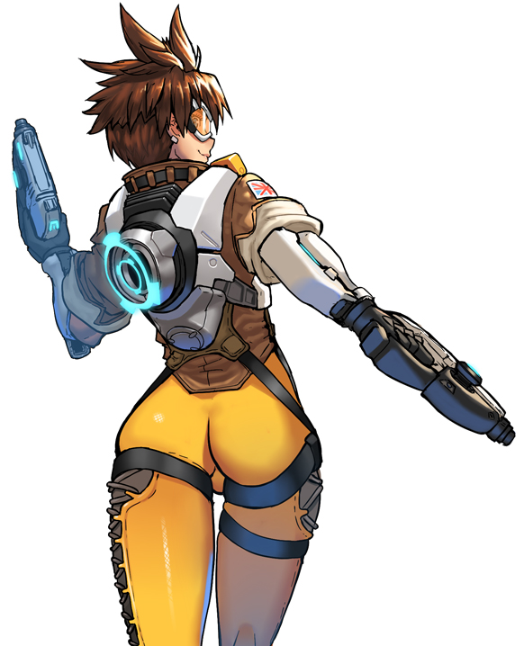 1girl, armor, ass, bodysuit, brown_hair, cowboy_shot, from_behind, goggles