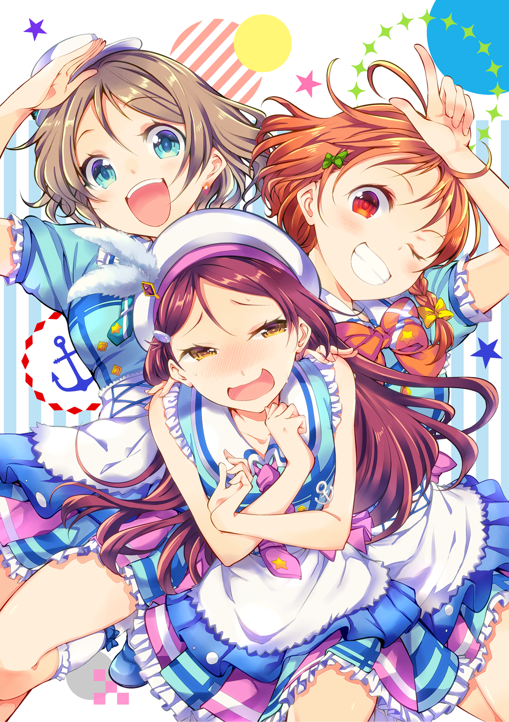 3girls, ahoge, apron, bare_shoulders, blue_eyes, blush, bow, brown_hair