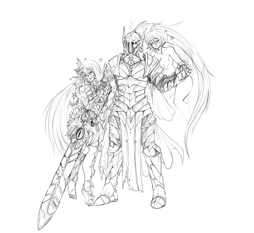 1boy, 2girls, arm_hug, armor, barbariank, blush, cursed_sword_(monster_girl_encyclopedia), floating