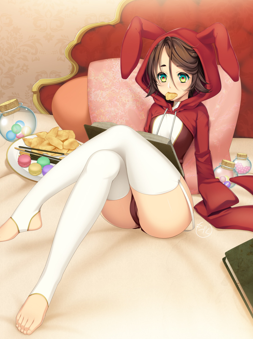 1girl, animal_ears, animal_hood, bed, book, brown_hair, candy, crossed_legs