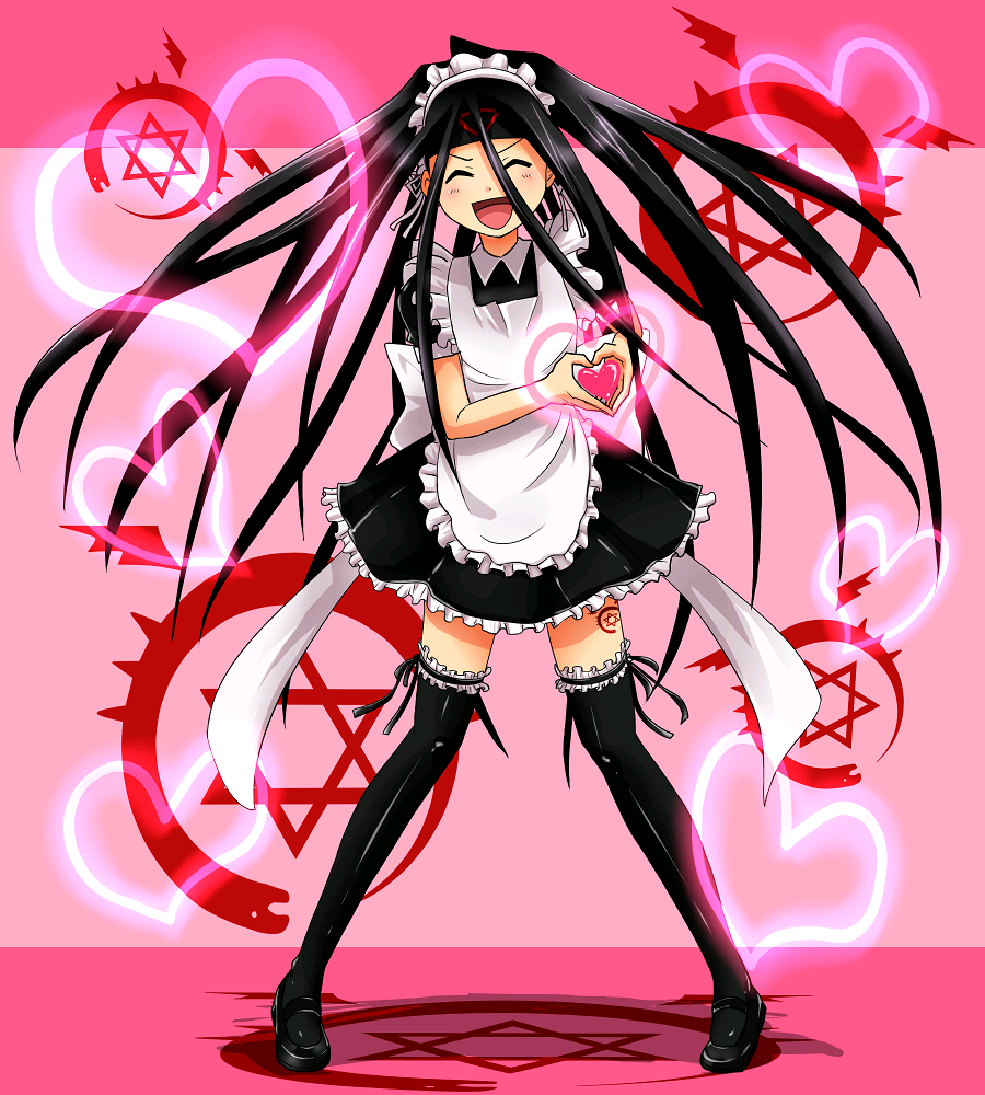 aia, aia_(citrus), androgynous, apron, black_hair, black_legwear, bow, crossdressing