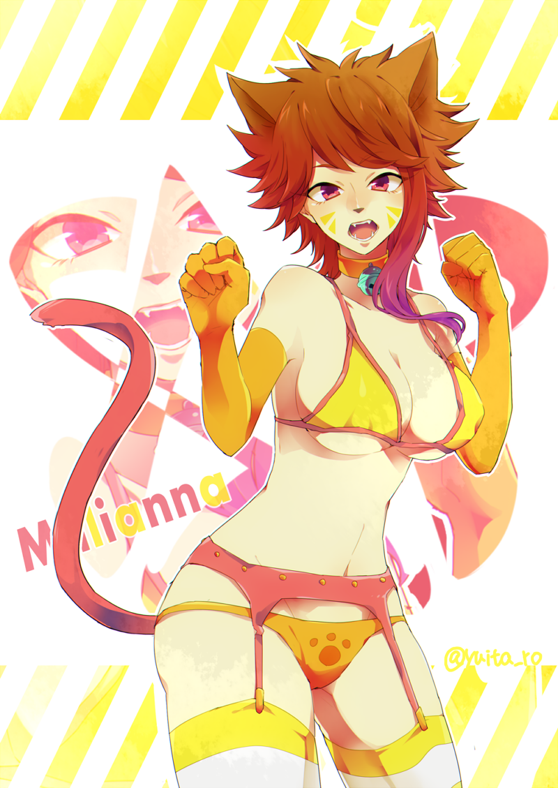 1girl, animal_ears, artist_name, bell, bell_collar, bikini, bikini_top, breasts
