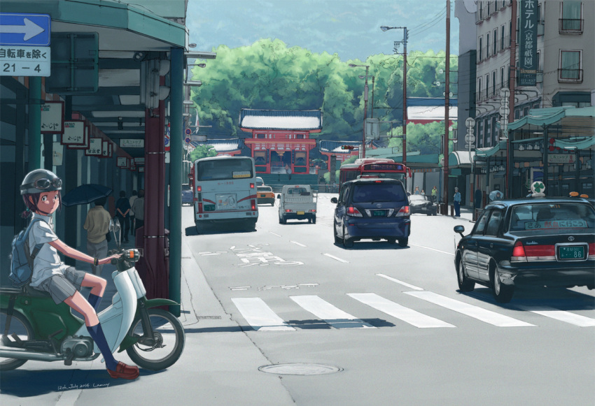 1girl, blurry, building, bus, car, city, commentary, crosswalk