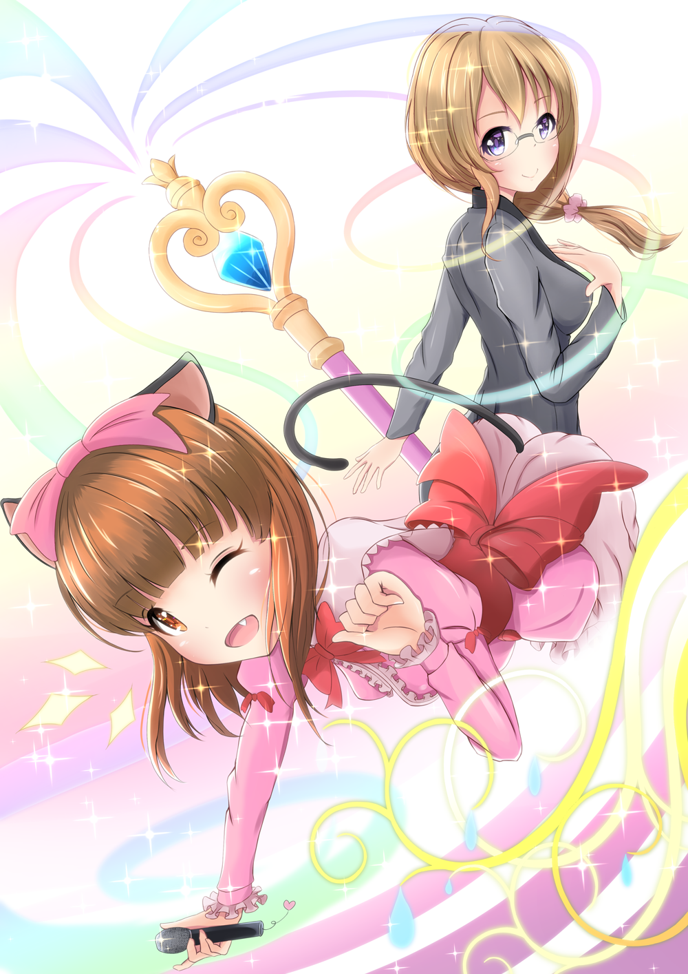 animal_ears, brown_eyes, brown_hair, cat_ears, dual_persona, fang, glasses, hairband, hidemu, highres, microphone, nekohime, netoge_no_yome_wa_onna_no_ko_janai_to_omotta?, one_eye_closed, scrunchie, sparkle, violet_eyes, wand, yui_saito