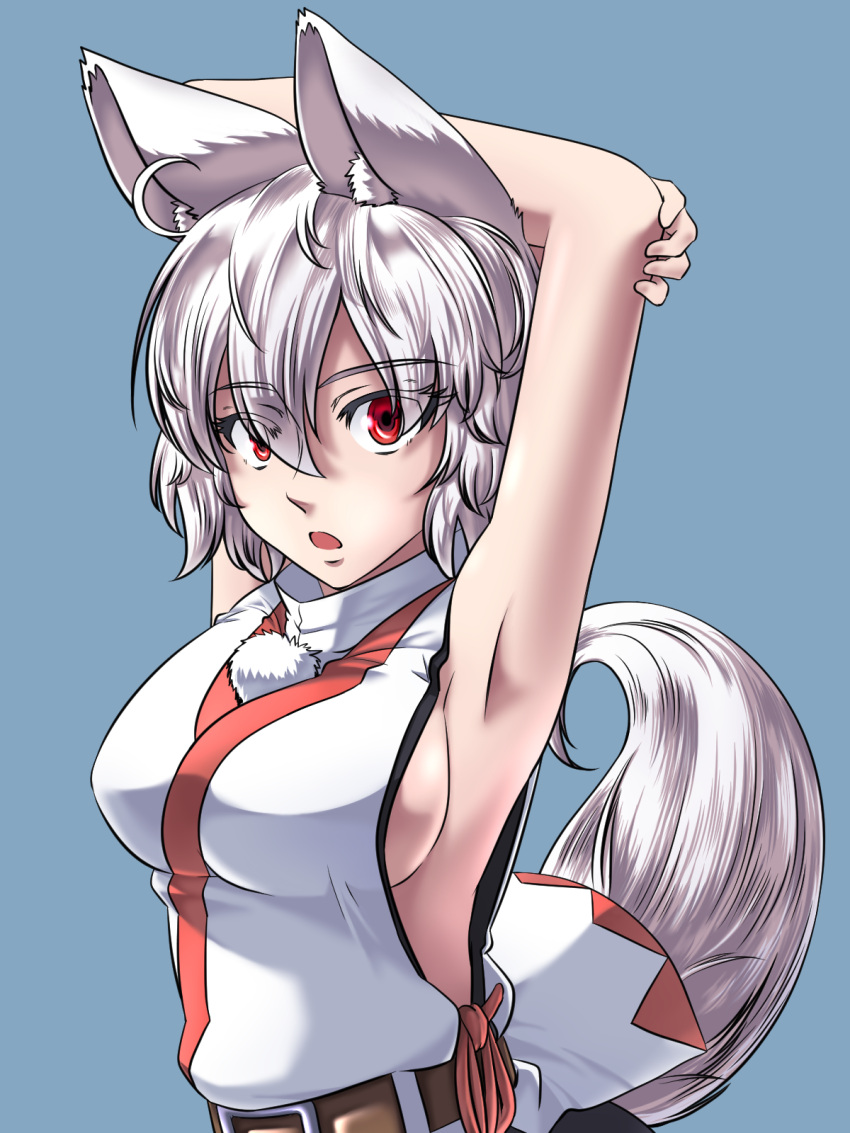 1girl, adapted_costume, albino, alternate_costume, animal_ears, armpits, arms_up, belt, blue_background, breasts, highres, inubashiri_momiji, kouno_ibuki, looking_at_viewer, open_mouth, pom_pom_(clothes), red_eyes, shirt, sideboob, simple_background, sleeveless, solo, stretch, tail, touhou, turtleneck, upper_body, white_hair, wolf_ears, wolf_tail