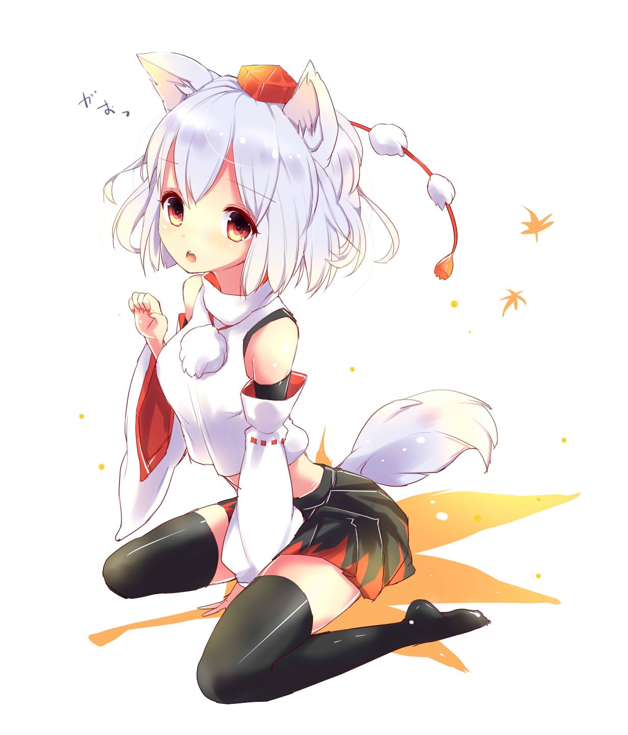 1girl, animal_ears, autumn_leaves, bare_shoulders, black_legwear, detached_sleeves, hat, highres
