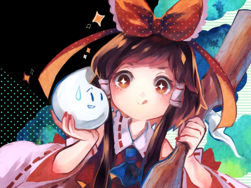 1girl, ascot, bow, brown_hair, detached_sleeves, food, hair_bow, hair_tubes