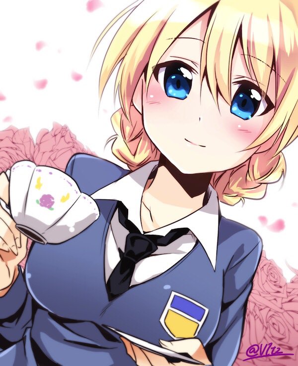 1girl, bangs, bittsu_(v1tz), blonde_hair, blue_eyes, blue_sweater, blush, braid, breasts, closed_mouth, collarbone, collared_shirt, cup, darjeeling, emblem, eyebrows, eyebrows_visible_through_hair, flower, girls_und_panzer, holding_cup, looking_at_viewer, necktie, petals, portrait, rose, rose_petals, saucer, shirt, smile, solo, sweater, teacup, twitter_username, white_background