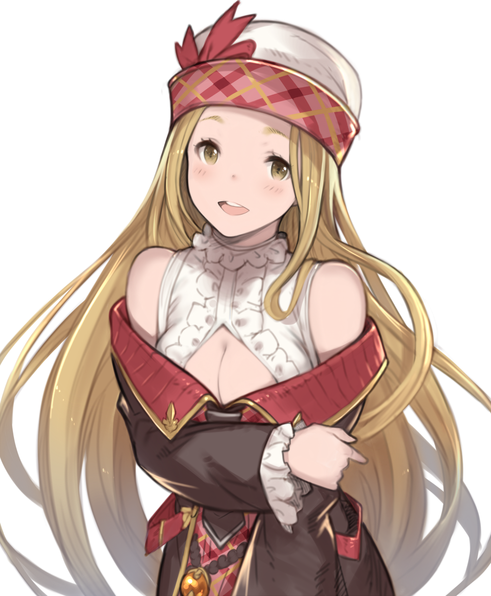 1girl, bare_shoulders, blonde_hair, blush, bow, breasts, brown_eyes, cleavage