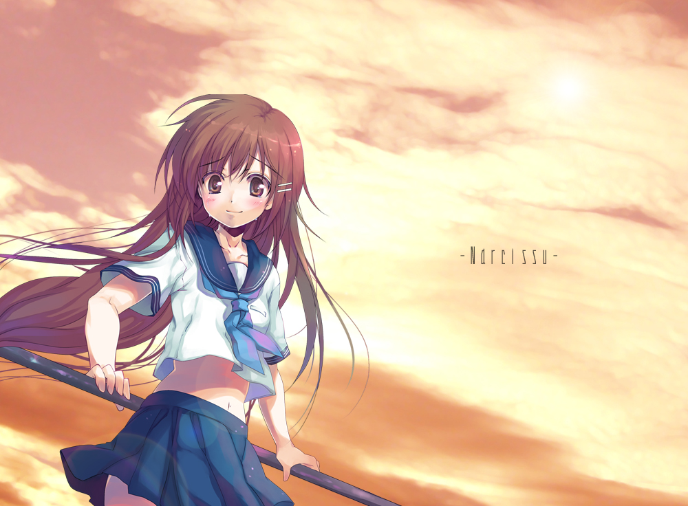brown_hair, hair_ornament, hairclip, kodamasawa_izumi, long_hair, midriff, narcissu, railing, school_uniform, setsumi, setsumi_sakura, tears, wind
