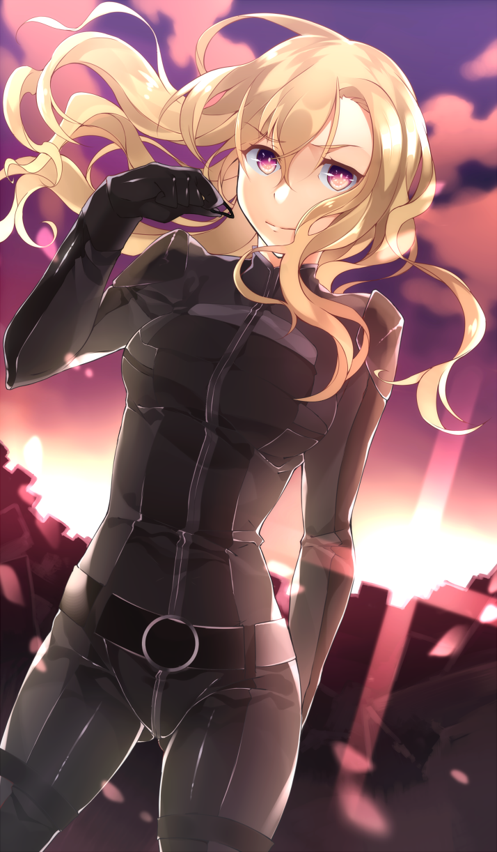 1girl, belt, black_gloves, bodysuit, brown_eyes, gloves, highres, kiryuu_moeka