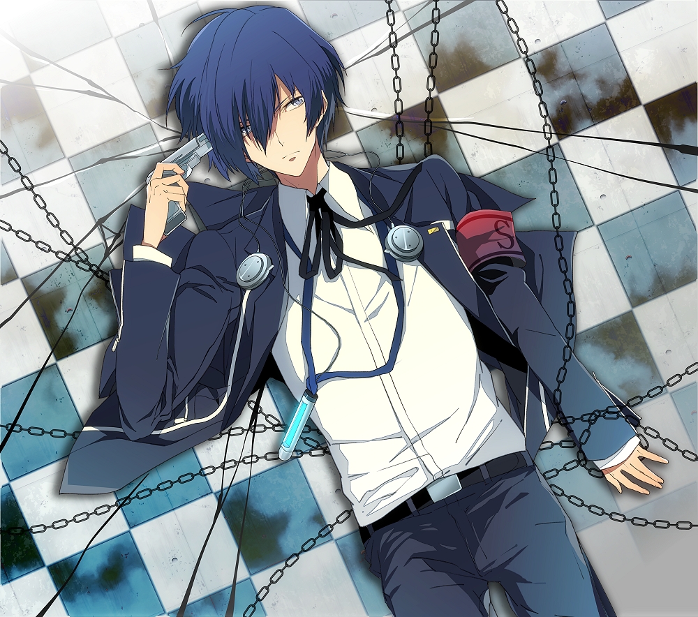 1boy, arisato_minato, belt, blue_hair, chain, checkered, checkered_floor, gun