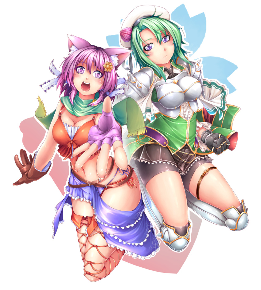 2girls, :d, animal_ears, armor, ayase_tamaki, bashira_(sennen_sensou_aigis), black_gloves, boots