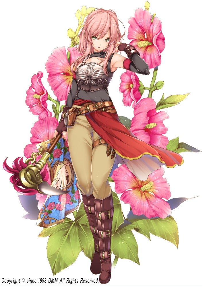 1girl, armor, armpits, boots, brown_boots, brown_pants, expressionless, fingerless_gloves
