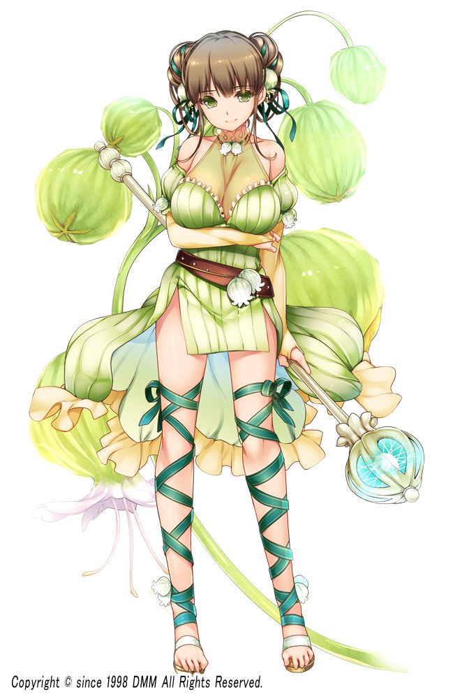 1girl, belt, breasts, brown_hair, double_bun, flower_knight_girl, full_body, gloves