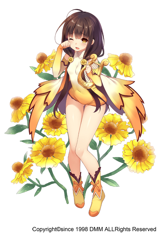 1girl, ;o, arm_warmers, brown_hair, flower_knight_girl, full_body, hair_over_shoulder, harp