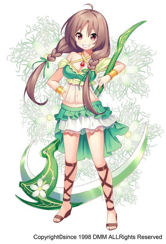 1girl, ahoge, ankle_lace-up, bracelet, braid, breasts, brown_eyes, brown_hair