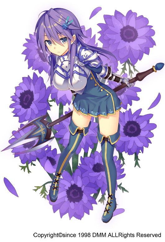 1girl, anemone_(flower_knight_girl), armor, armored_dress, blue_boots, blue_eyes, blue_skirt, boots, expressionless, flower, flower_knight_girl, full_body, gloves, hair_ornament, hairclip, leaning_forward, looking_at_viewer, pleated_skirt, polearm, purple_hair, short_hair, skirt, solo, spear, standing, sugimeno, thigh-highs, thigh_boots, weapon, white_background