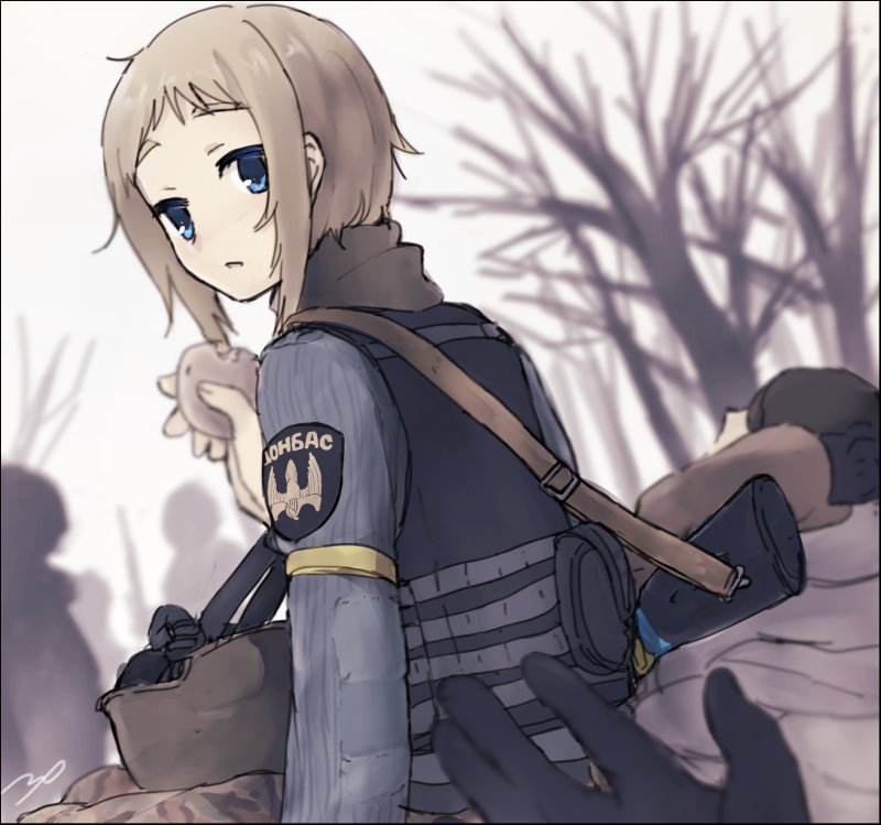 blonde_hair, blue_eyes, headwear_removed, helmet, helmet_removed, military, military_uniform, msc_nm