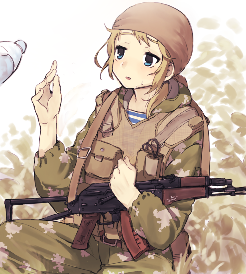 ak-74, assault_rifle, bandana, blonde_hair, blue_eyes, bottle, gun, military