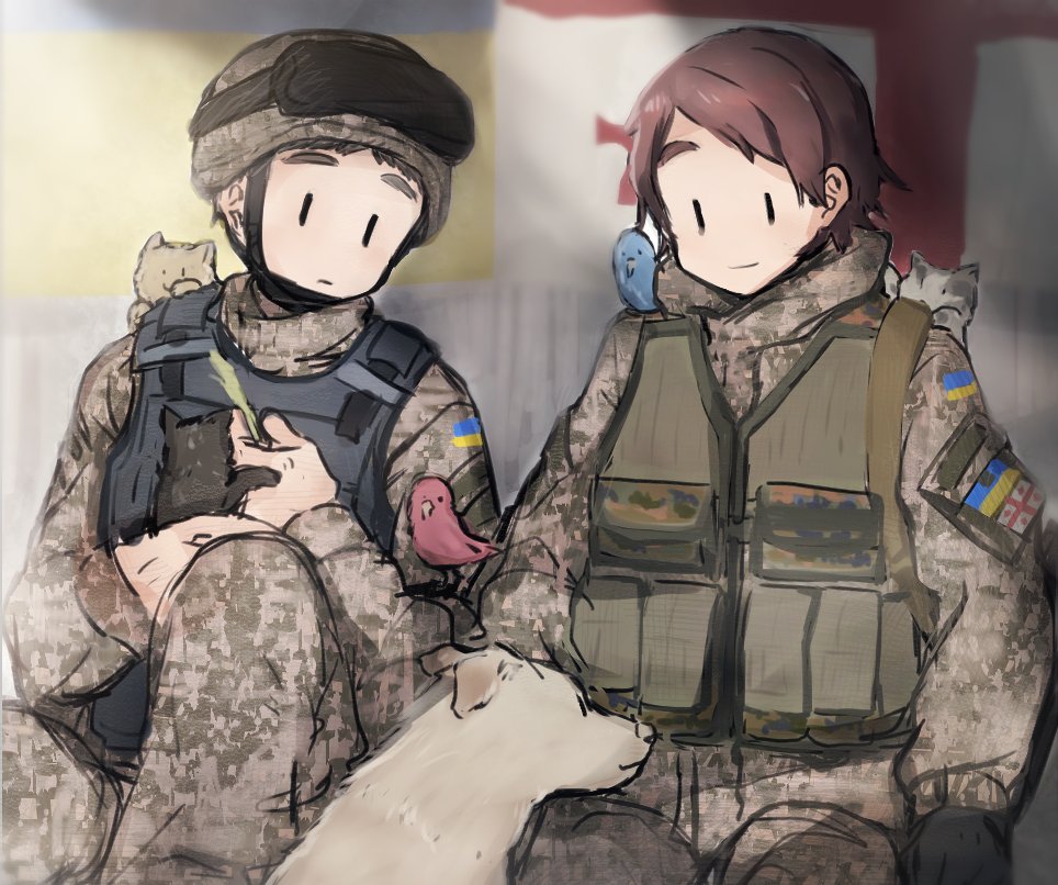 2boys, bird, black_hair, brown_hair, cat, dog, georgian_flag, helmet