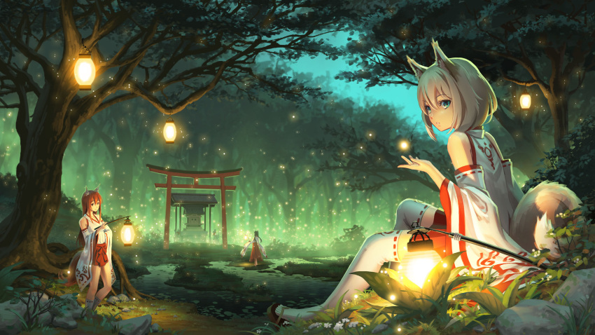 3girls, animal_ears, bare_shoulders, black_hair, blue_eyes, brown_hair, detached_sleeves, forest