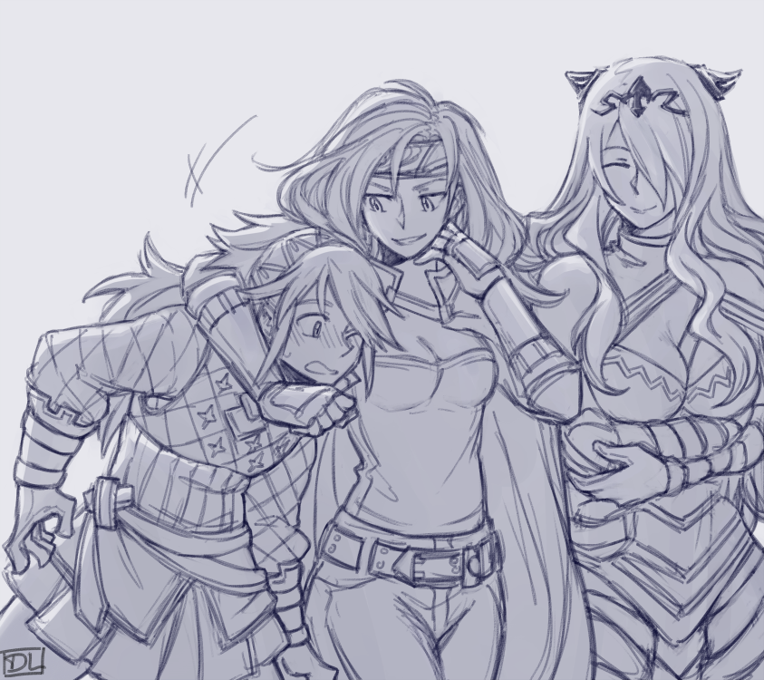 3girls, armor, artist_name, belt, breasts, camilla_(fire_emblem_if), cape, cleavage