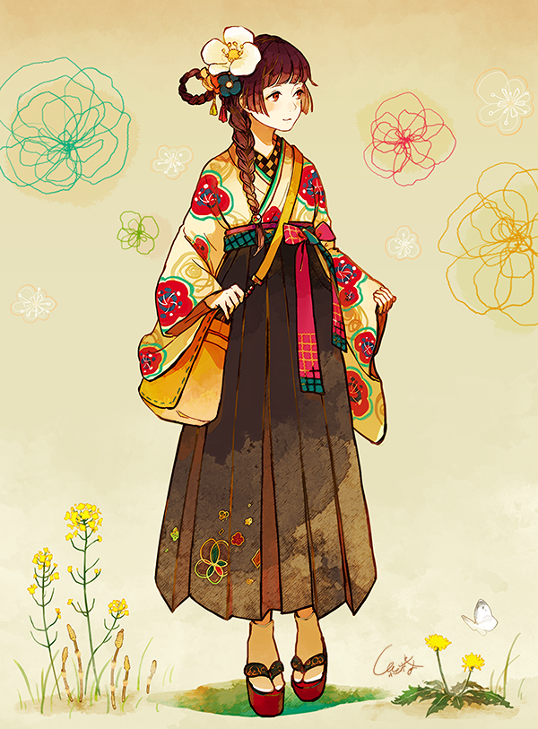 1girl, bag, blush, braid, brown_hair, butterfly, dandelion, floral_print, flower, full_body, gradient, gradient_background, hair_flower, hair_ornament, hakama, horsetail_(plant), japanese_clothes, kimono, long_hair, looking_to_the_side, meiji_schoolgirl_uniform, original, platform_footwear, rapeseed_blossoms, red_eyes, sandals, satchel, signature, sleeves_past_wrists, solo, tabi, tsubaki_(teatime0), white_legwear, wide_sleeves