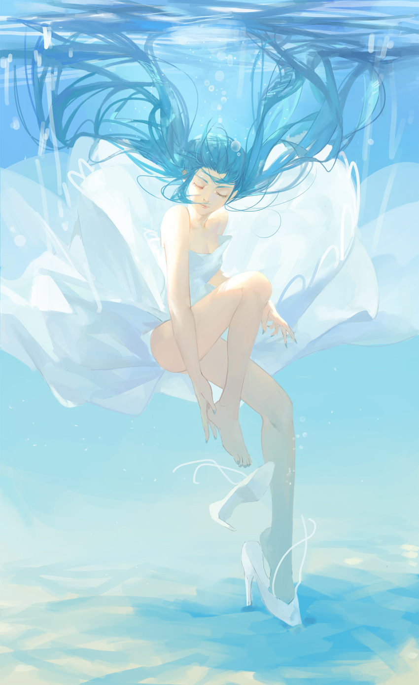 1girl, aqua_hair, bare_shoulders, breasts, bubble, cleavage, closed_eyes, dress