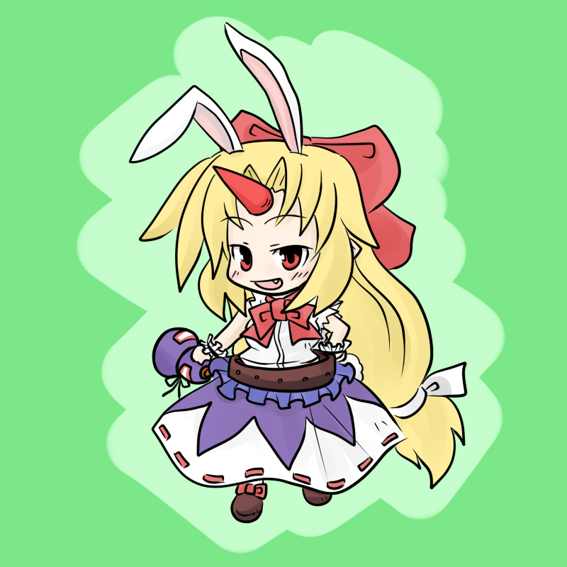 animal_ears, blonde_hair, bow, bunny_ears, chibi, chimera, chimerism, fang