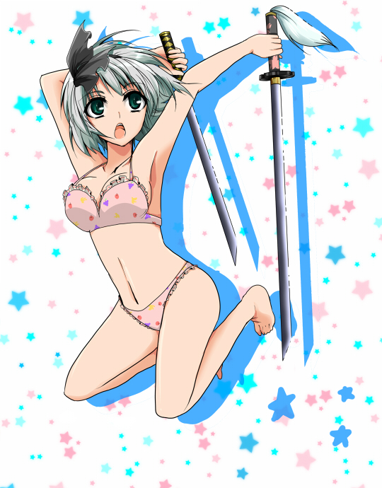 1girl, alternate_costume, armpits, arms_up, bent_knees, black_ribbon, bra, breasts, chestnut_mouth, cleavage, dual_wielding, frilled_bra, frilled_panties, frills, fruit_print, full_body, green_eyes, hair_ribbon, hairband, ifuji_sakura, katana, konpaku_youmu, navel, open_mouth, panties, pink_bra, pink_panties, ribbon, short_hair, sideboob, silver_hair, solo, star, starry_background, sword, touhou, underwear, wakizashi, weapon
