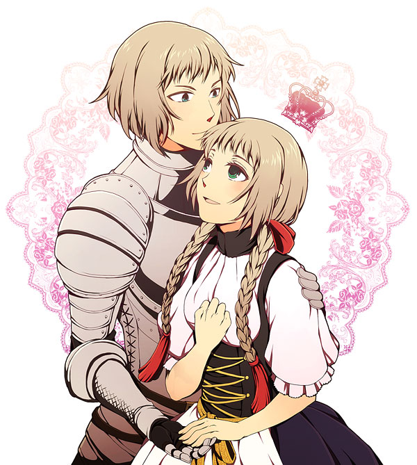 1girl, armor, axis_powers_hetalia, bad_id, blonde_hair, blush, braid, couple