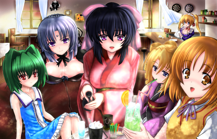 6+girls, blonde_hair, blue_eyes, blue_hair, blush, bow, breasts, brown_eyes