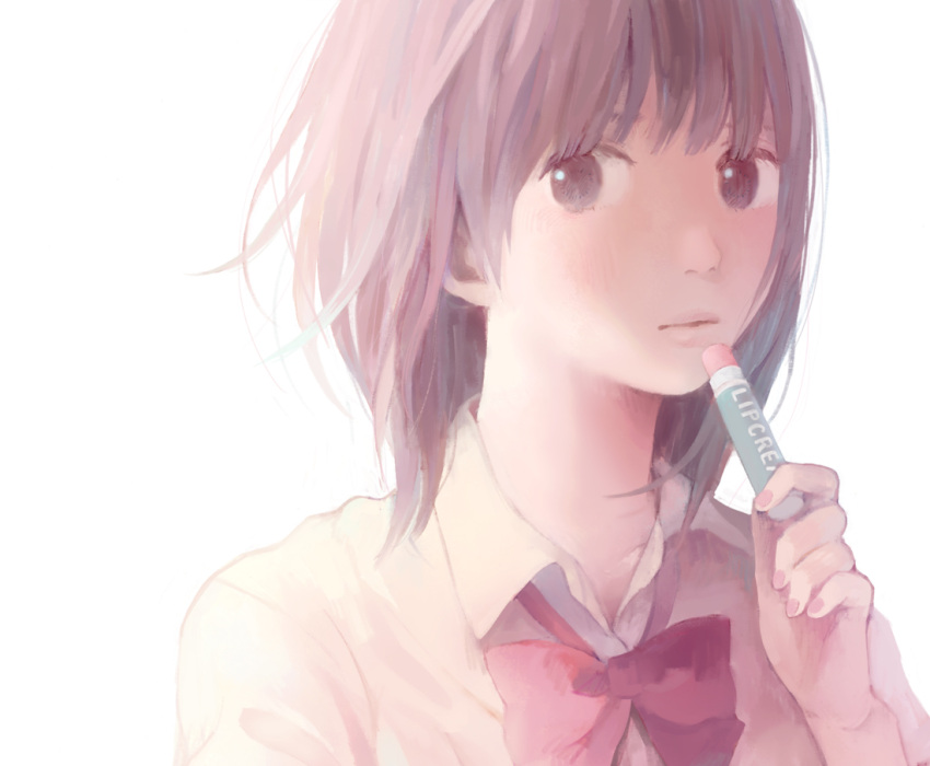 1girl, brown_eyes, brown_hair, hinata_(lipcream), lip_balm, original, short_hair, solo