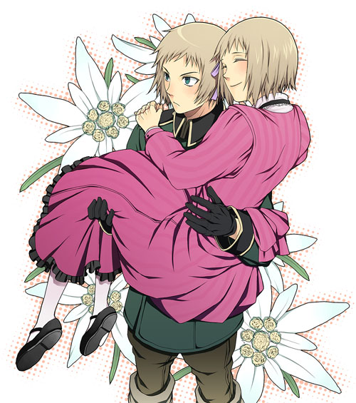 1girl, axis_powers_hetalia, bad_id, blonde_hair, carrying, closed_eyes, couple, dress