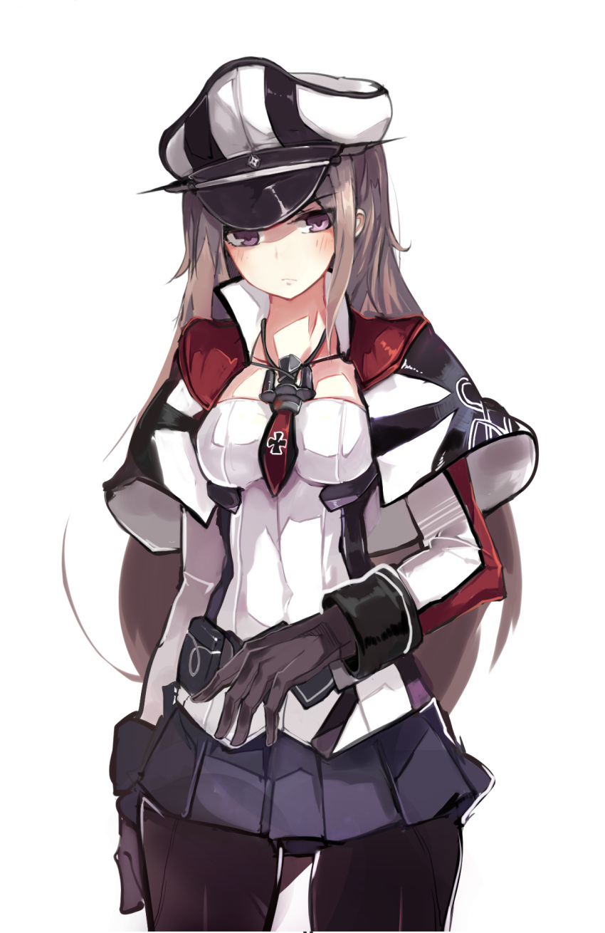 1girl, alternate_hairstyle, anchor, arm_at_side, black_gloves, black_legwear, blush, brown_hair, capelet, closed_mouth, collarbone, covered_navel, cowboy_shot, expressionless, gloves, graf_zeppelin_(kantai_collection), hat, head_tilt, highres, iron_cross, kantai_collection, long_hair, necktie, pantyhose, peaked_cap, pleated_skirt, purple_skirt, red_necktie, revision, simple_background, sketch, skirt, solo, standing, tsurime, underbust, very_long_hair, violet_eyes, white_background, white_hat, yu_kitsune