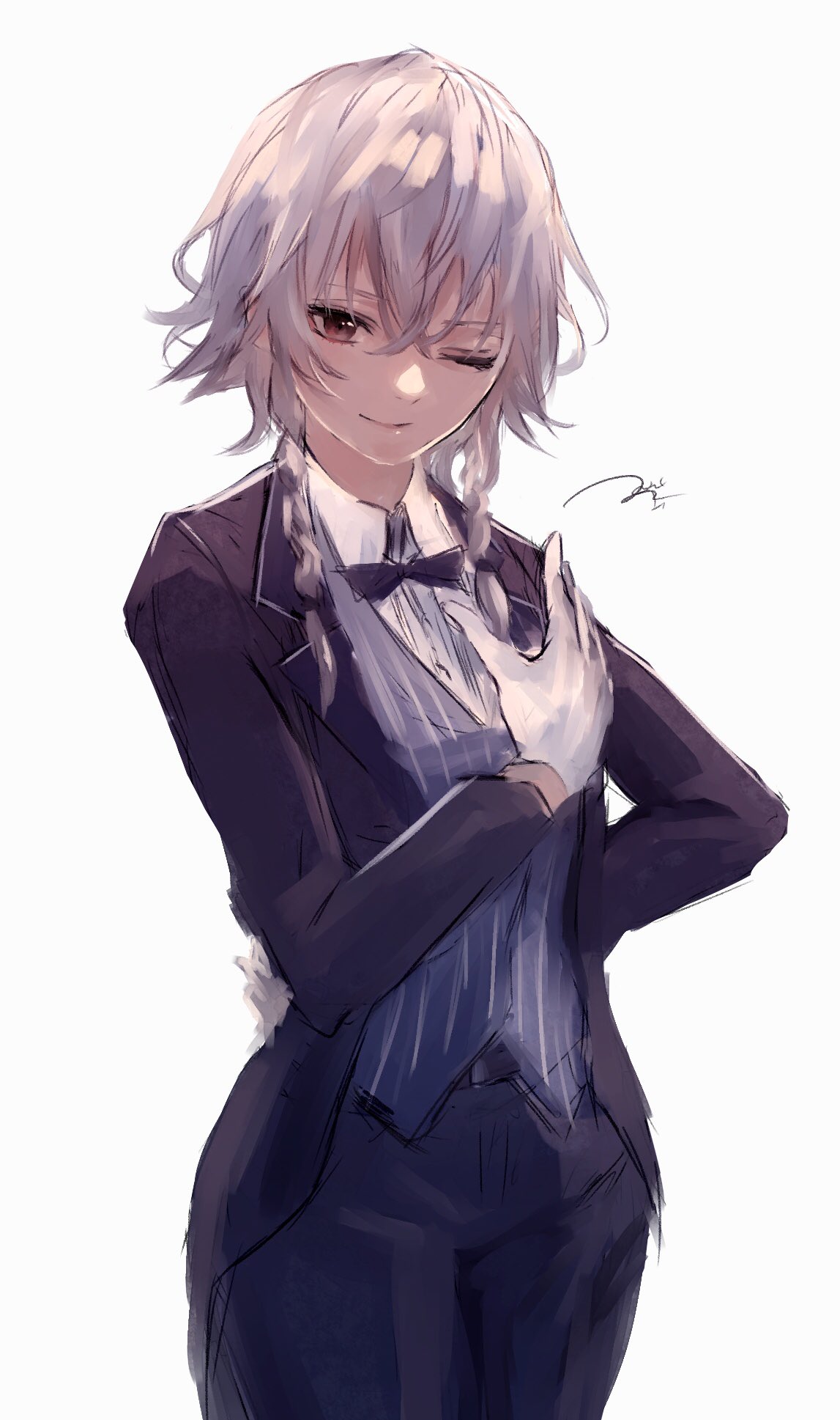 1girl, arm_behind_back, bow, bowtie, braid, butler, cowboy_shot, formal
